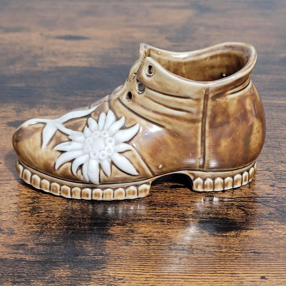 Vintage‎ Ceramic Shoe Brown Sunflower White Decor MCM